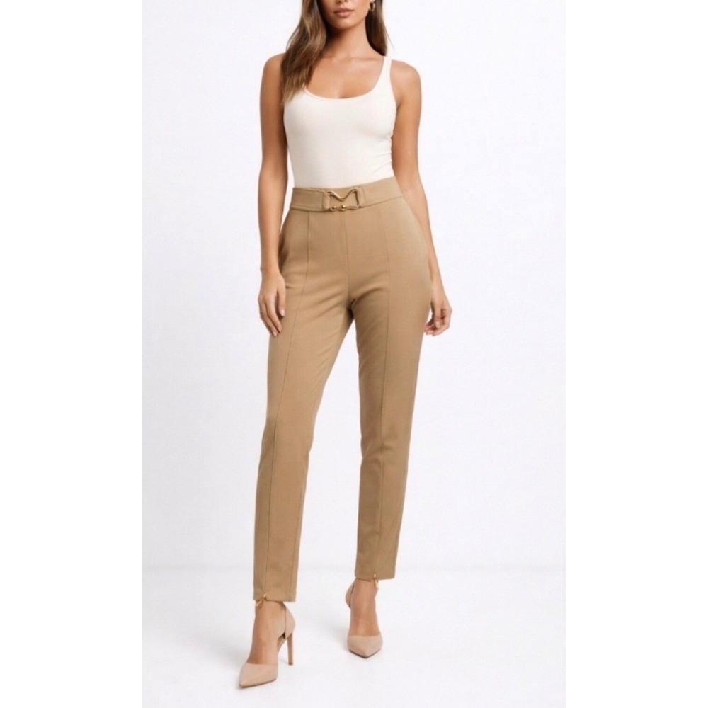 Sheike Tan High Waisted Tailored Pants with Gold Buckle Detail Size 8 MSRP $129